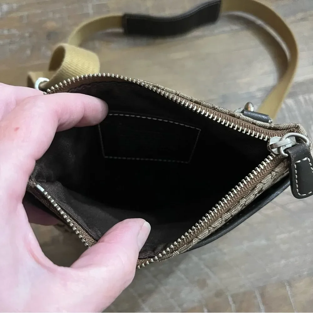 Coach Canvas Leather Trim Tan Brown Crossbody Filebag Signature Travel Purse Y2K